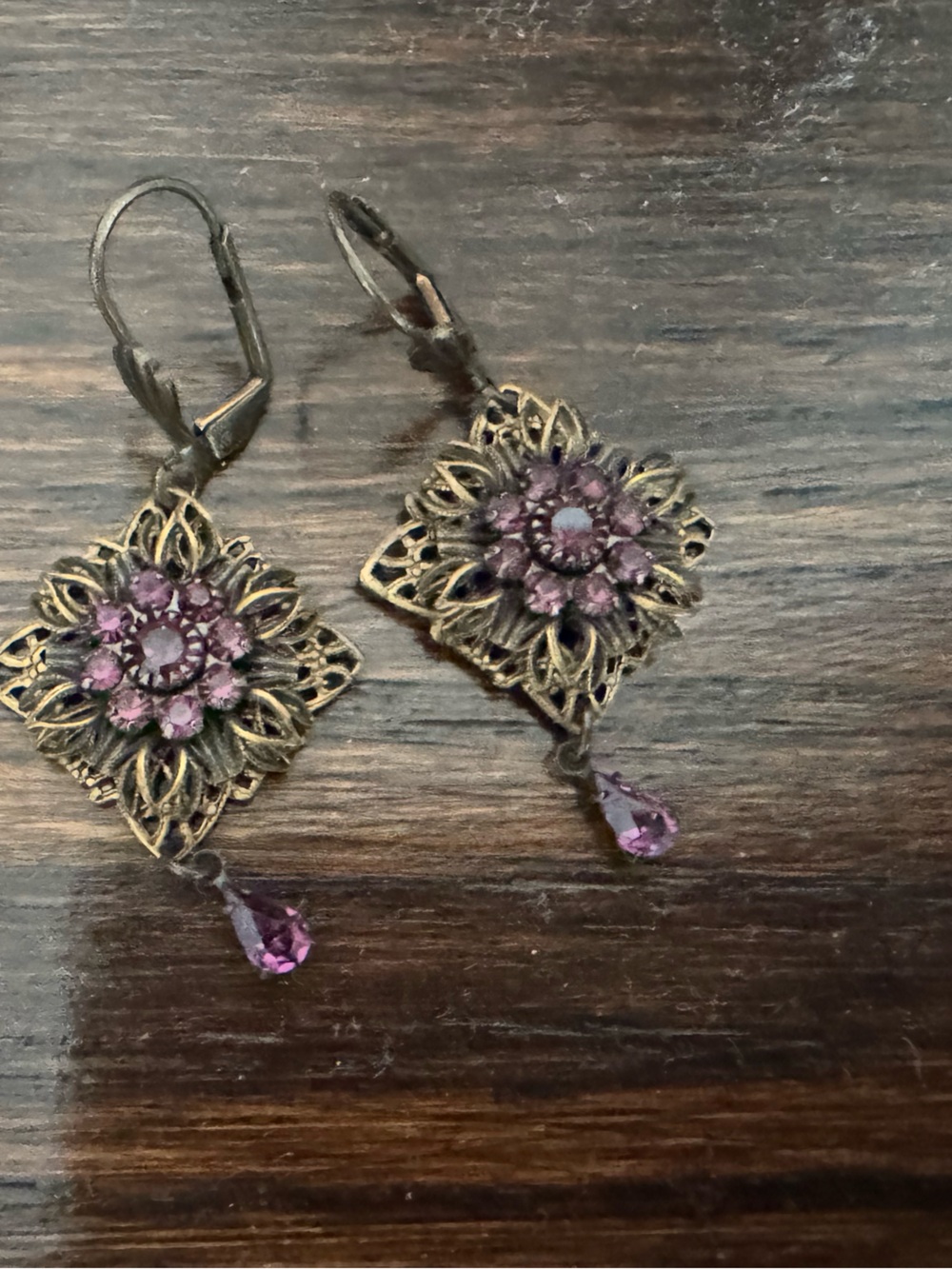 Bronze Tone Purple Round Crystal Flower Dangle Drop Earrings, Leverback Closure